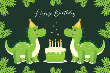Naklejka premium Cute Dinosaur Birthday Card Vector Jungle Party Celebration.