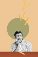 Trendy vertical art collage of happy girl guy stand potato french fries plate fast food cafe order carbs nutrition junk unhealthy