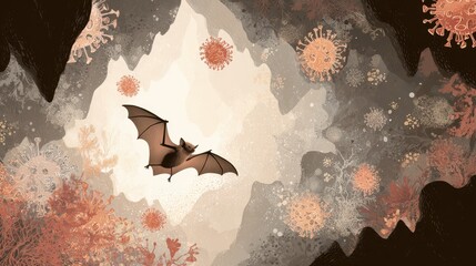 Bats flying in a cave surrounded by abstract representations of viruses and cells at dusk