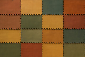 Obraz premium Patchwork Textile with Geometric Pattern: A vibrant patchwork textile showcases a harmonious blend of various rectangles in shades of orange, yellow, green, and brown.
