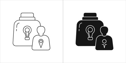 Two icons representing a person with a location pin and a bottle with a lightbulb