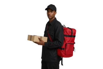 Delivery man holding package, red backpack, dark background, studio shot