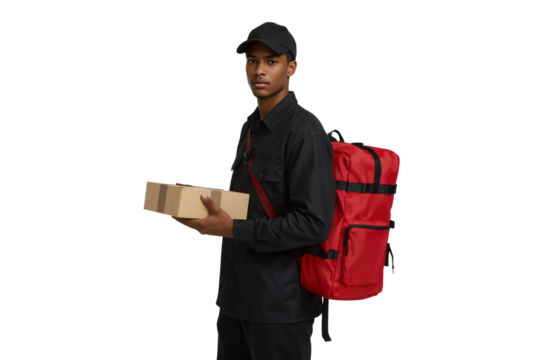 Delivery man holding package, red backpack, dark background, studio shot