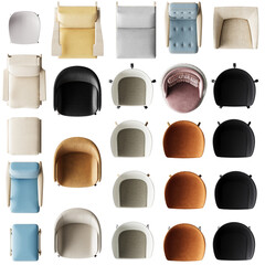 Luxury 3D renders of armchairs from a top-down perspective.
