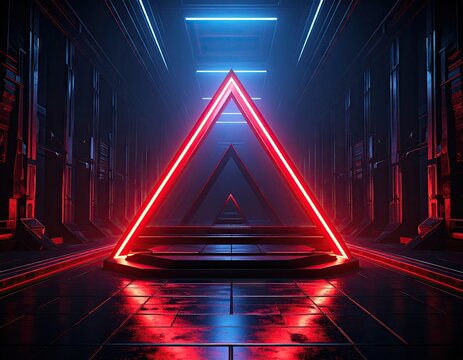 Futuristic neon triangle stage in dark sci-fi corridor with glowing lights.