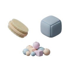 Obraz premium Collection of Soft Pastel Geometric Shapes and Textured Bath Brush Isolated on Black Background Minimalist Design Elements for Spa and Wellness Themes