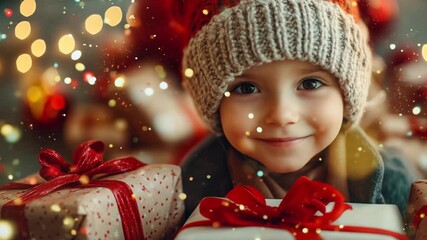 A child smiles while holding wrapped presents in a warm and festive environment during the holiday season