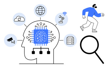 Human head with microchip brain, connected icons for cloud, wireless, robotics, database, CCTV, globe. Man running beside magnifying glass. Ideal for AI tech data analysis innovation research