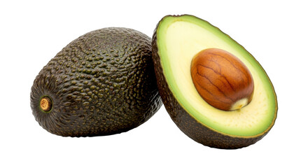 Two ripe avocados, one whole and one cut in half, isolated on transparent background