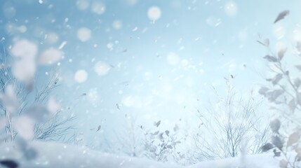 Winter snowscape in pale blue-white gradient, with bokeh spots and snowy branches, creating a soft misty atmosphere.