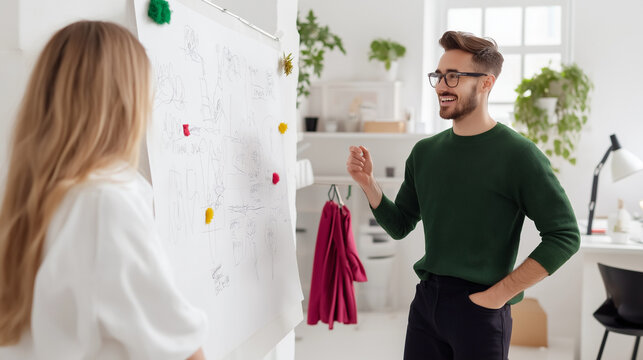 designer standing in front of a whiteboard filled with colorful sketches and diagrams, enthusiastically explaining a concept to a group of collaborators in a bright, airy studio