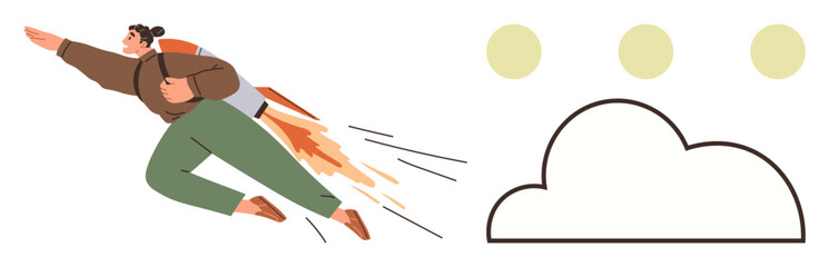 Person using jetpack to soar toward cloud and targets. Ideal for innovation, success, career growth, ambition, achievement, future planning, personal development. Dynamic and simple flat metaphor