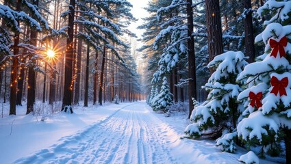 Enchanting winter forest with snow and festive red bows