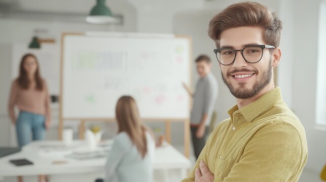 designer standing in front of a whiteboard filled with colorful sketches and diagrams, enthusiastically explaining a concept to a group of collaborators in a bright, airy studio