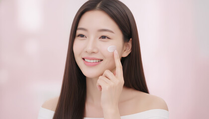 Smiling woman with long, straight hair applying cream to her cheek, set against a soft pink background