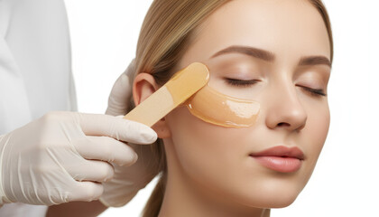 A woman with her eyes closed is getting a waxing treatment on her face. A beauty technician wearing white gloves is applying warm wax with a wooden spatula