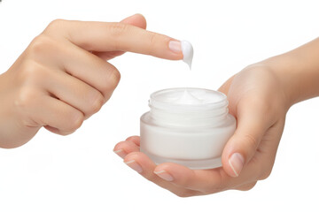A pair of hands holding a jar of white skincare cream, one hand squeezing out a small amount of cream