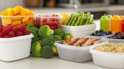 neatly organized meal prep station with grilled chicken, steamed broccoli, quinoa, and fresh berries in portioned containers on a clean countertop