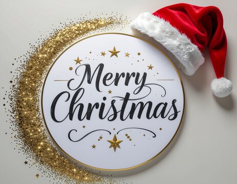 Happy holiday wishes and festive celebration concept featuring a Merry Christmas greeting on a round emblem with a Santa hat and sparkling gold glitter
