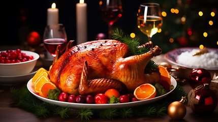 Christmas table served with a turkey, decorated with bright tinsel and candles.