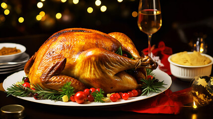 Christmas table served with a turkey, decorated with bright tinsel and candles.