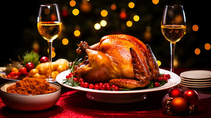 Christmas table served with a turkey, decorated with bright tinsel and candles.