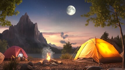 campsite at the base of a towering mountain, with colorful tents, climbers resting
