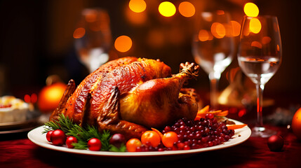 Christmas table served with a turkey, decorated with bright tinsel and candles.
