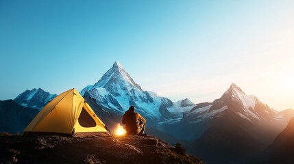 mountaineer setting up a tent on a small plateau near a mountain summit, with a campfire glowing and snow-capped peaks stretching into the distance