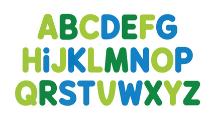 Green and Blue Alphabet Letters ABC to XYZ on White Background font typeface