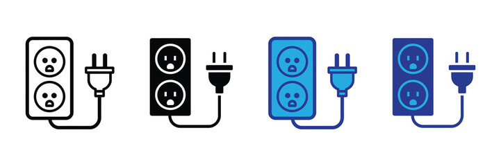 Set of four electrical outlet icons with plugs, showing different styles and colors, isolated on white background