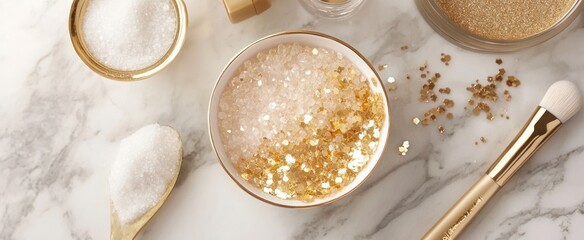 Luxurious Gold Glitter and Salt Composition on Marble Surface, Beauty Concept.