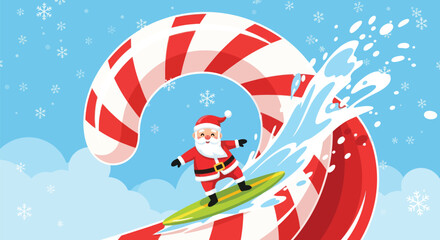 Santa Claus catching a candy cane wave, surfing into the holidays with festive cheer and spreading joy, fun Christmas spirit, holiday season.