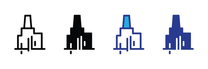 Set of four factory icons in different styles, including outline, solid black, blue and white, and solid blue