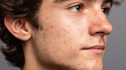 Fototapeta premium Young man with acne highlighted in profile view against a neutral background showcasing his facial features and skin condition