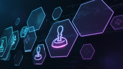 Dynamic gaming icons glow neon in digital space, a vibrant modern background for tech and entertainment themes with motion graphics appeal - Powered by Adobe