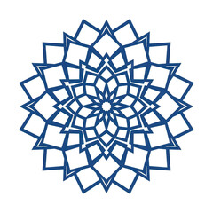 Intricate Geometric Mandala Pattern with Symmetrical Starburst Design in Deep Blue and White on a Transparent Background
