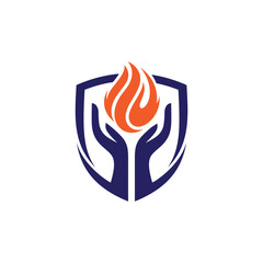 Hand logo design with flames in a shield-shaped frame. Hand and fire vector icon