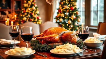Holiday turkey dinner with wine festive Christmas trees