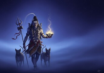 Sacred Walk of Kalabhairava. Divine Night Mist Illustration.