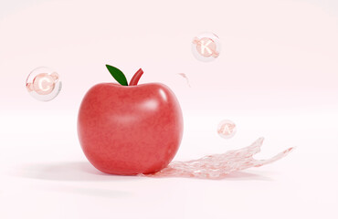 A glossy red apple with a green leaf, surrounded by floating vitamin bubbles (C and K) and a splash of pink liquid. 3d render.