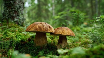 Mushrooms growing in a lush forest surrounded by green moss and trees during a peaceful afternoon