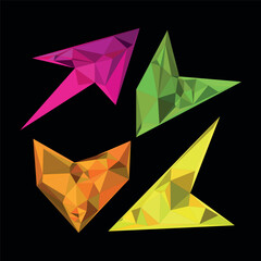 Dynamic abstract geometric polygonal shapes in vibrant colors arranged on a dark background, representing modern digital design and artistic patterns
