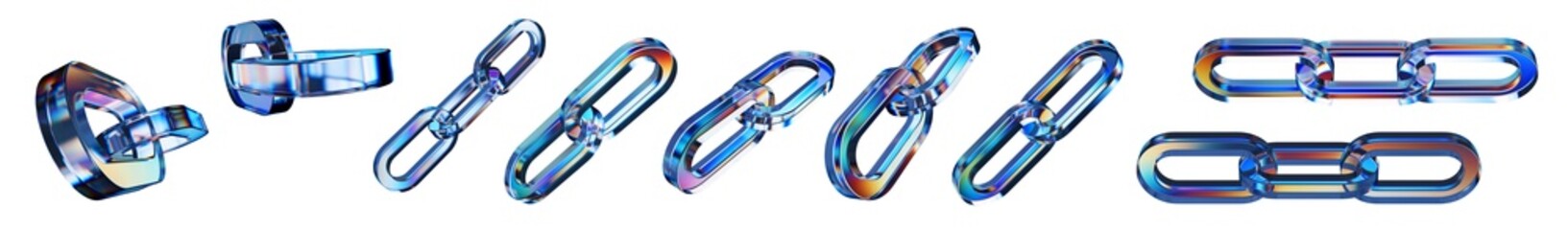 Set of 3d transparent glossy chain with dispersion effect. Rainbow colors reflection glass.3d glass link icon with crystal dispersion effect. Abstract empty glassy chain icon with prism holographic