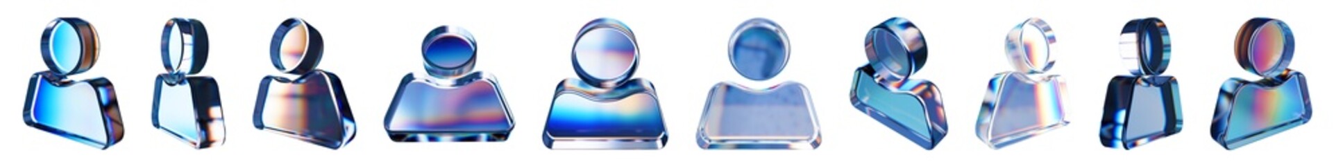 Set of 3d transparent glossy user with dispersion effect. Rainbow colors reflection glass.3d glass avatar icon with crystal dispersion effect.Abstract empty glassy user icon with prism holographic