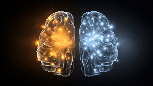 Human brain and AI brain side by side comparison, glowing effects. Automation of generation and training of artificial intelligence technology machines, AI.