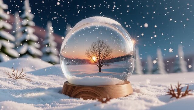 Snow globe with bare tree on snowy landscape at sunset, falling snowflakes and soft winter light, magical peaceful scene