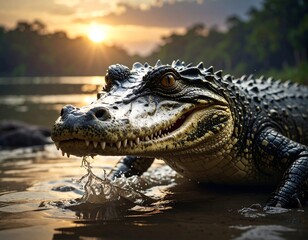 Obraz premium Alligator emerges from river at sunset with lush, green jungle in the background