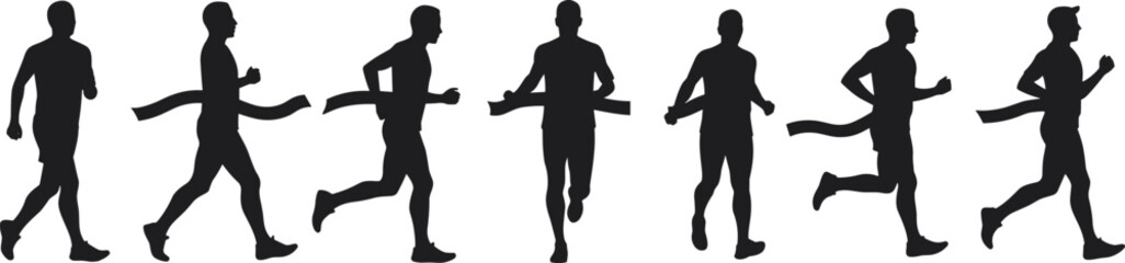 Running silhouette sequence, athlete jogging motion, human biomechanics, sports training concept, fitness exercise illustration, dynamic runner posture, marathon preparation,