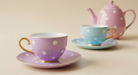 Fototapeta premium Elegant tea set with polka dots, pastel colors, vintage style, afternoon tea, tea party, porcelain, ceramic, tableware, drinkware, decorative, fancy, refined